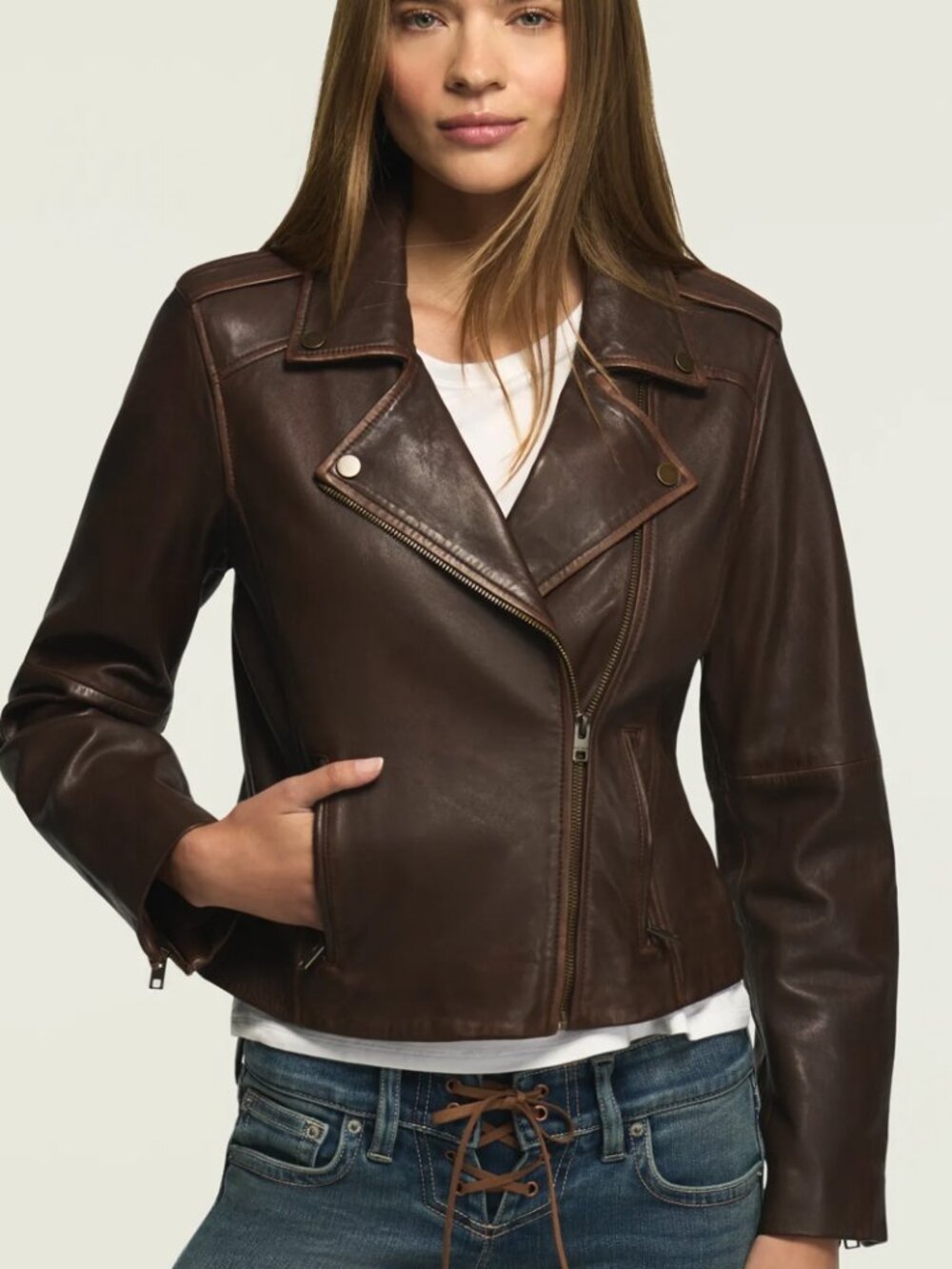 Lucky Brand classic leather moto jacket, chestnut, size small